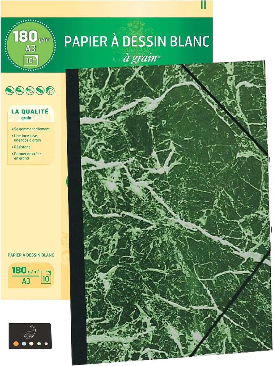 Set of 1 white A3 paper cover with grain 180 g/m², 10 sheets + 1 drawing board A3 + 1 self-adhesive index Blumie - ShopVlot