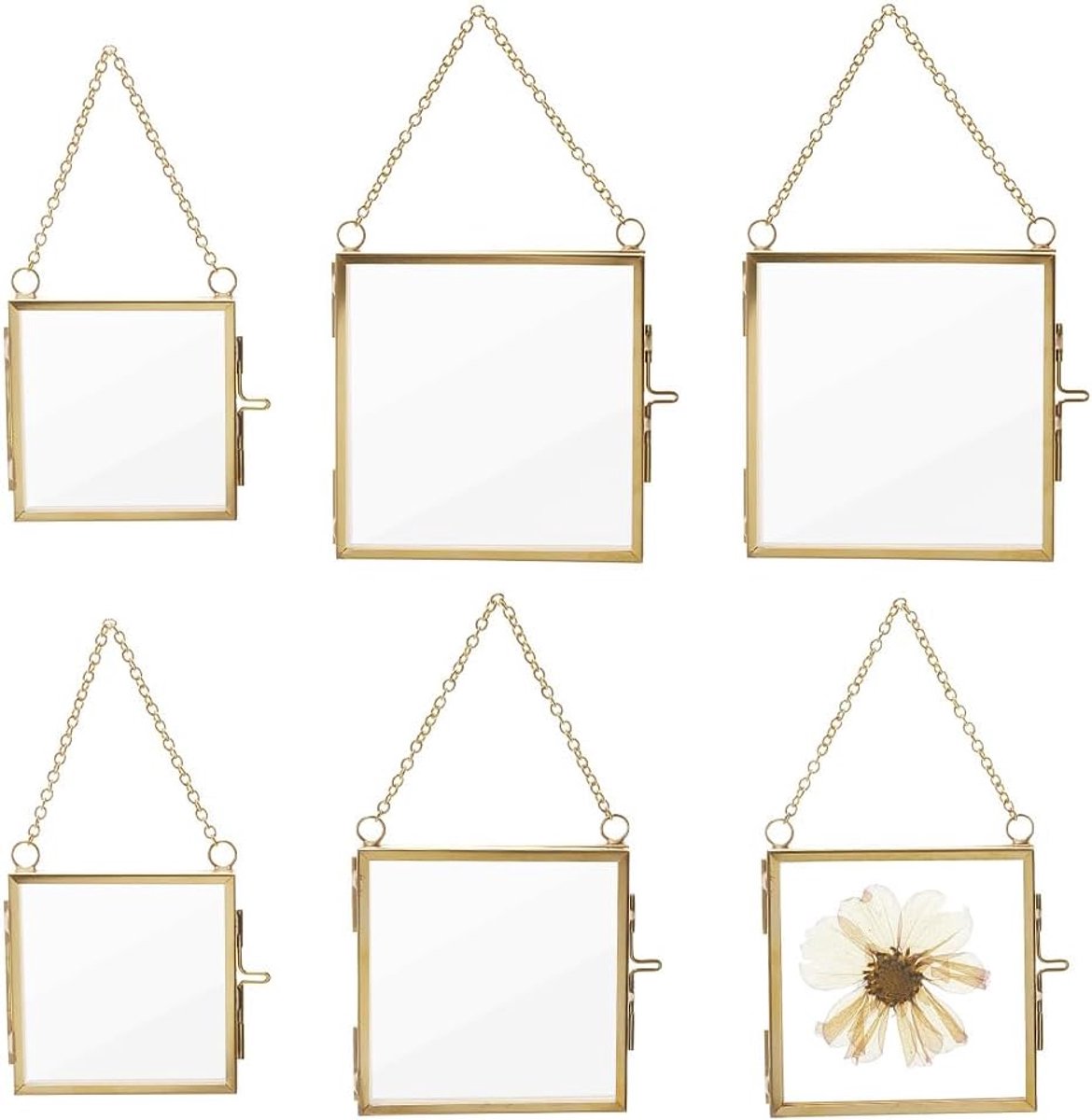 ORIGACH 6pcs Square Mini Brass Wall Hanging Picture Frame, 3 Styles Double Glass Floating Frame with Chain for Pressed - ShopVlot