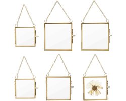 ORIGACH 6pcs Square Mini Brass Wall Hanging Picture Frame, 3 Styles Double Glass Floating Frame with Chain for Pressed - ShopVlot