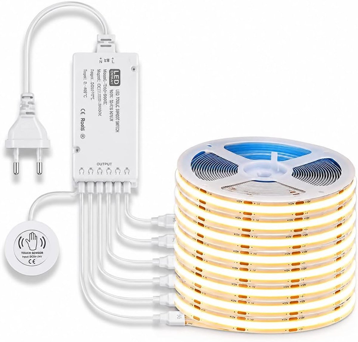Ledstrip, 12 V, 6 rollen, touch-bediening, ledstrip met 8 mm, 320D, dimbaar, 12 V, CRI80-89, op maat te snijden voor - ShopVlot