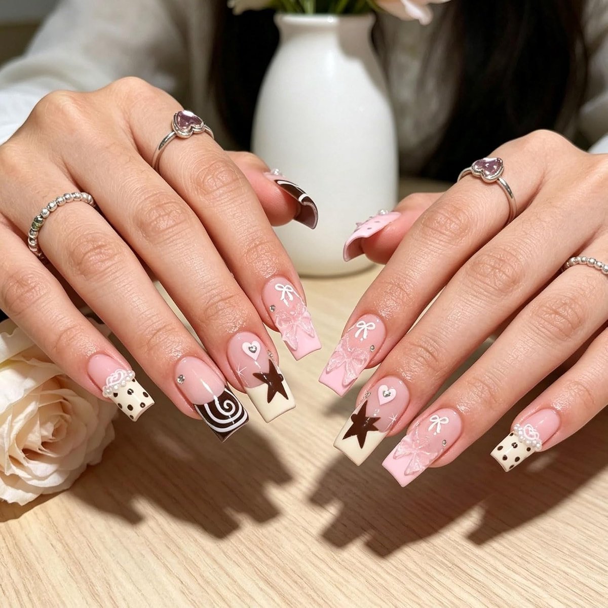 24 Pieces Press On Nails Square Long Sticky Nails in Pink Brown Fake Nails with French Design 3D Bows Stars and Polka - ShopVlot