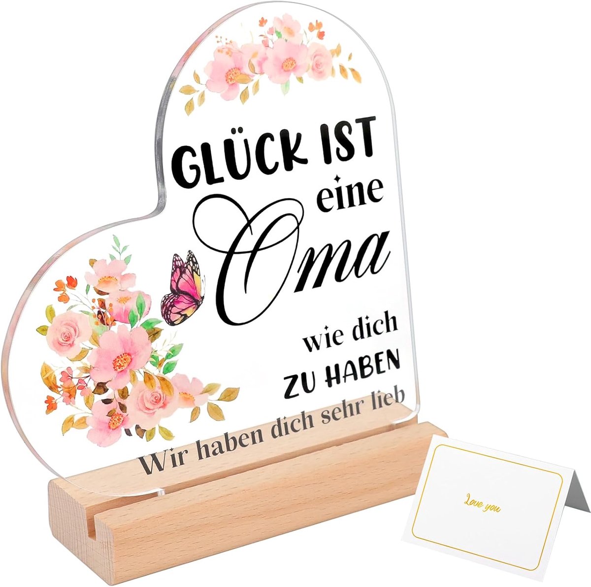 Cadeau voor oma: hartdecoratie van acryl met houten sokkel, verjaardagscadeau voor oma, een mooie tafeldecoratie met - ShopVlot