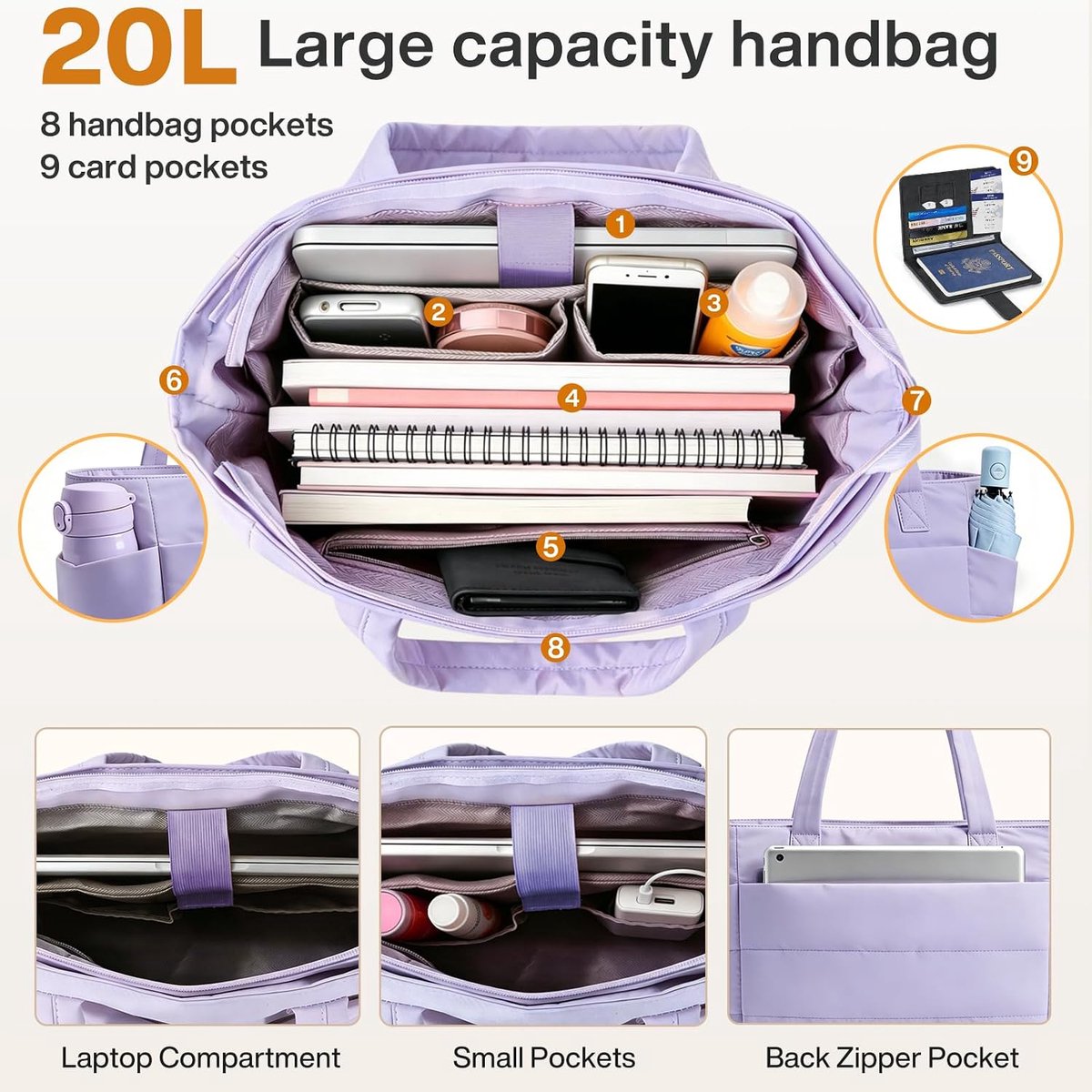 8+9 20l Women Handbag/Travel Bag with Multifunctional Card Holder, Lightweight Design (0.86 lbs) - ShopVlot