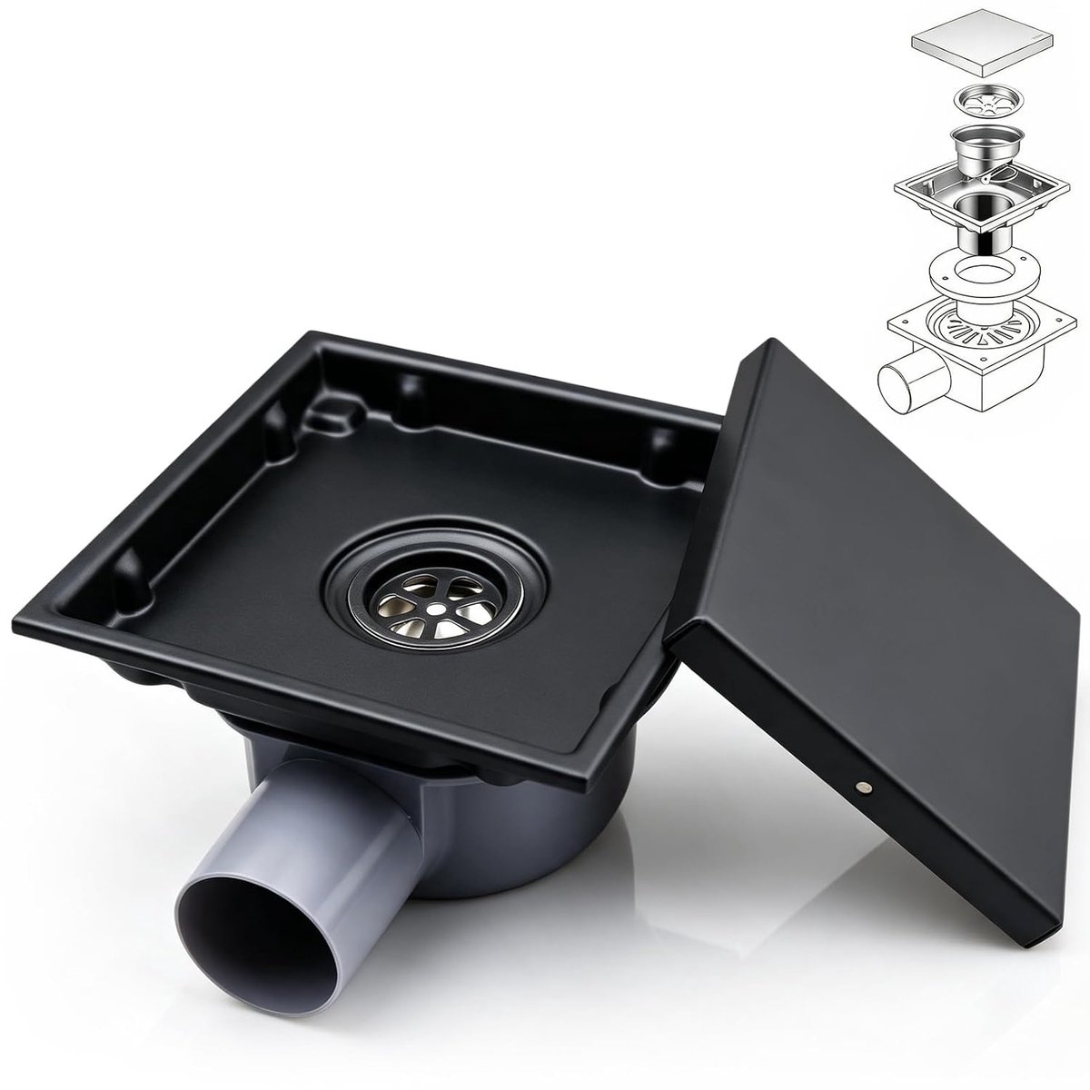 Douchegoot, vierkant, roestvrij staal, 15 x 15 cm, vloerafvoer, douche met 360° sifon, geurstop, haarfilter, 2-in-1 - ShopVlot