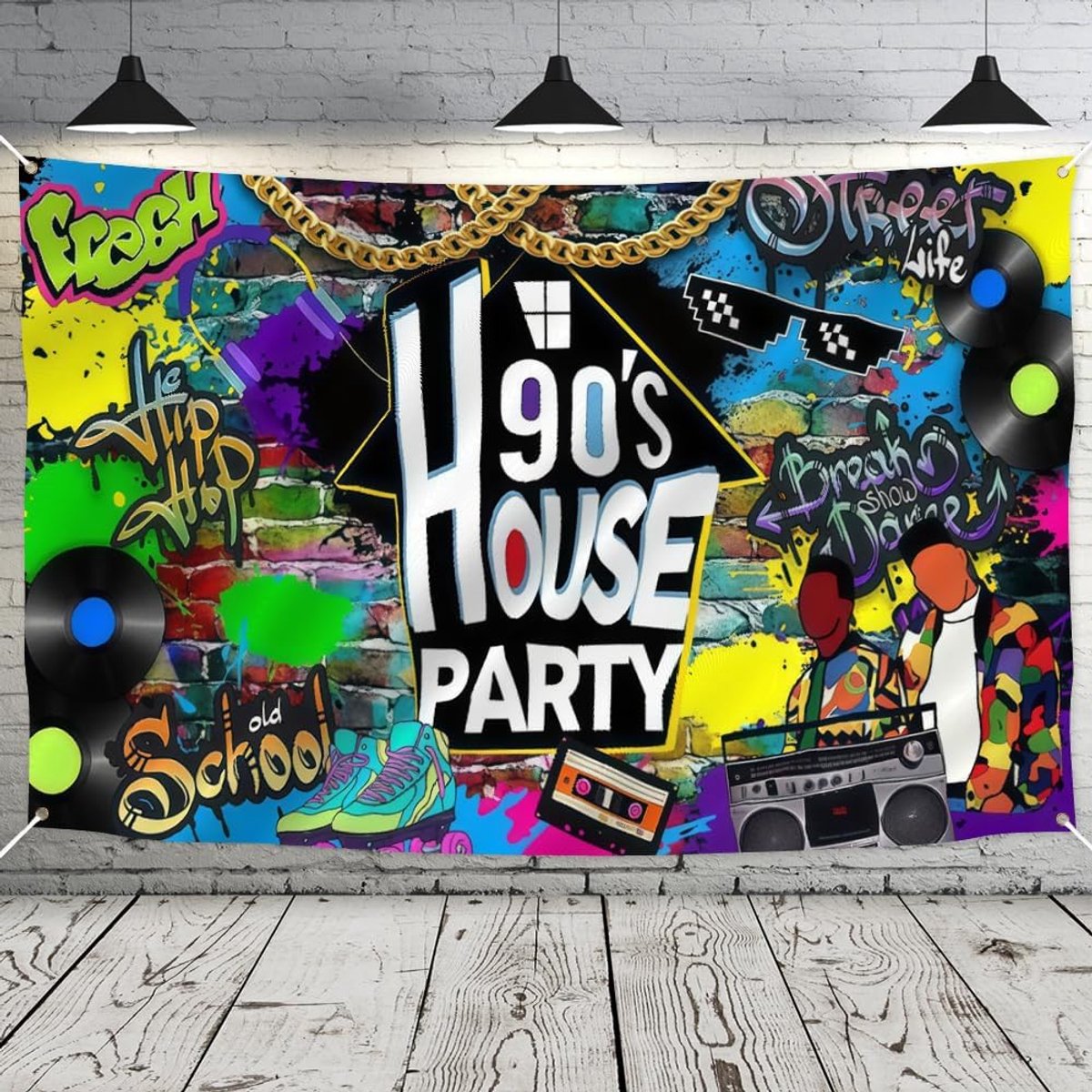 Beorni 90s feestachtergrond voor hiphopthema, retro graffiti-muurbanner met vintage radio, jaren 90 - ShopVlot