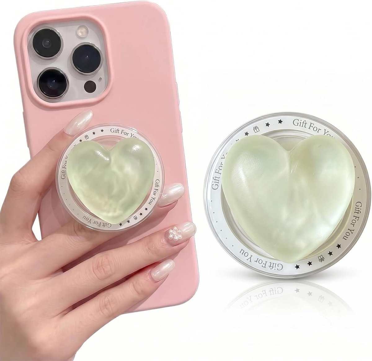 Smartphone-houder in hartvorm – uittrekbare handgreep met stabiele basis – kleur lichtgroen – geschikt voor video- en - ShopVlot
