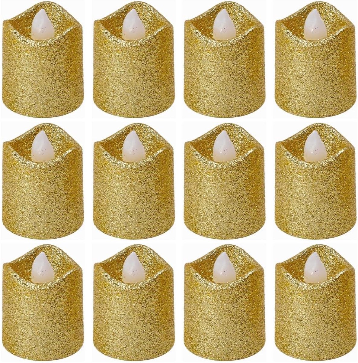 Theelichten 12 PCs - Gouden Glitter Vlamloos - Veilig en sfeervol - Perfect voor decoratie - ShopVlot