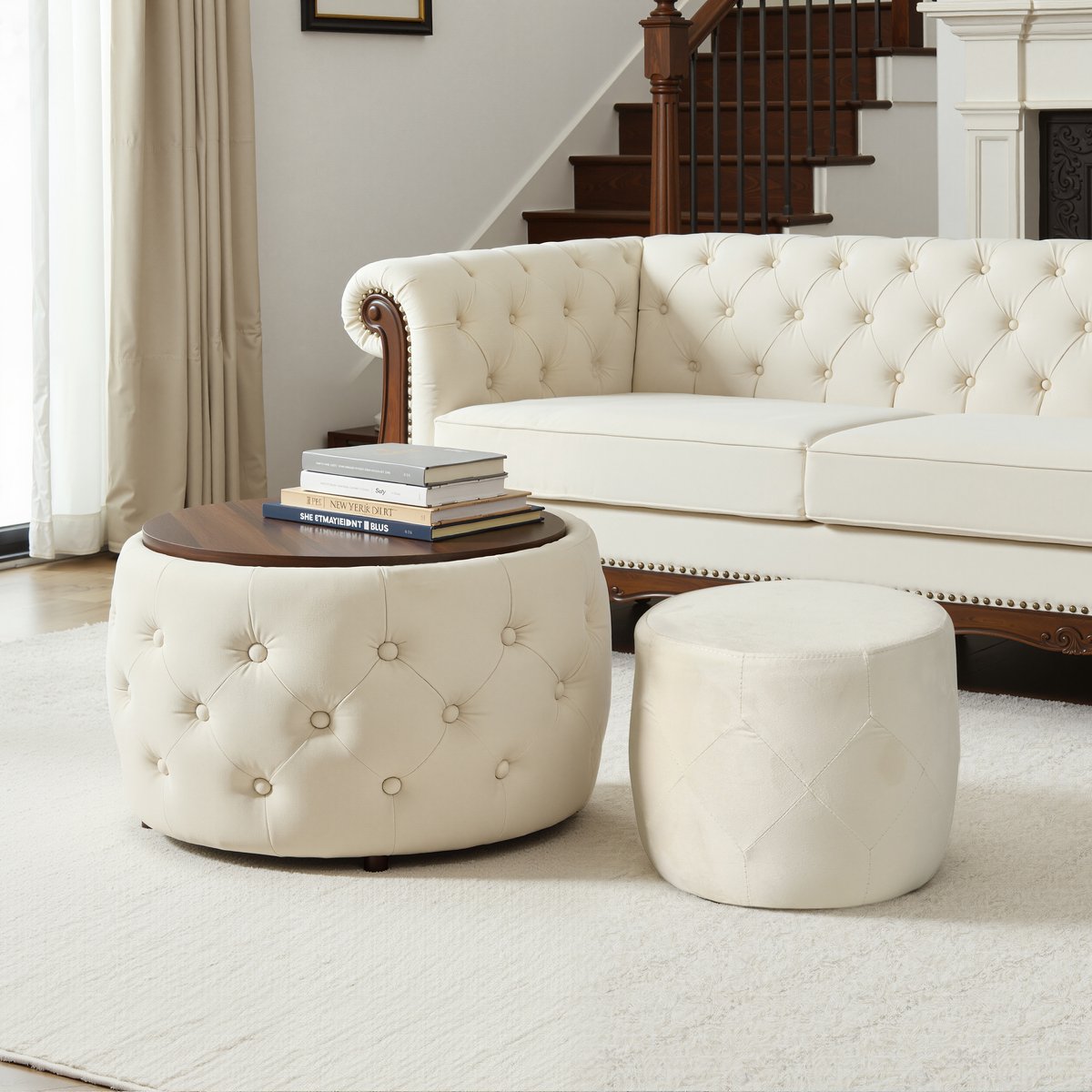 REDOM - Poef - 2-delige nesting set - met opbergruimte en houten dienblad - rond - woonkamer of slaapkamer - fluweel - Beige - 60 x 60 x 38 cm
