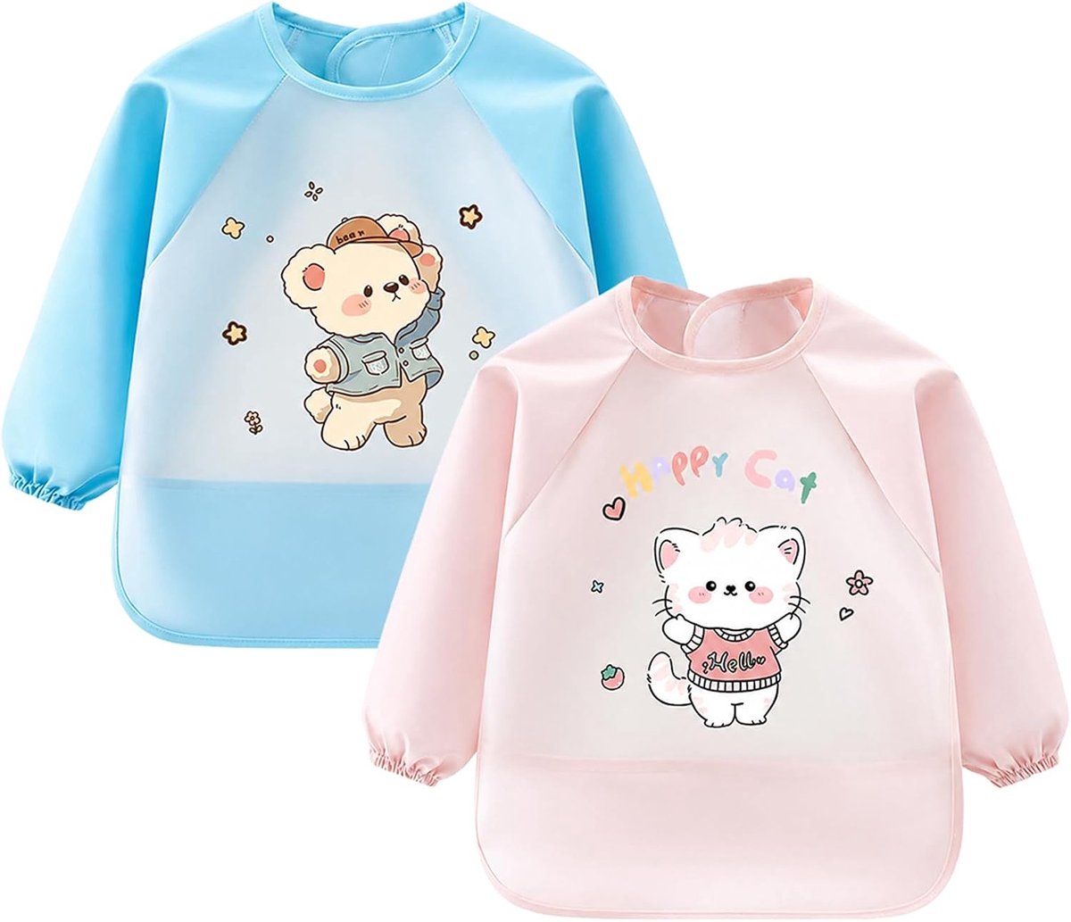 Babyslabbetjes met mouwen 2 stuks - zachte huidvriendelijke stof - waterdicht - ideaal voor schilderen - ShopVlot