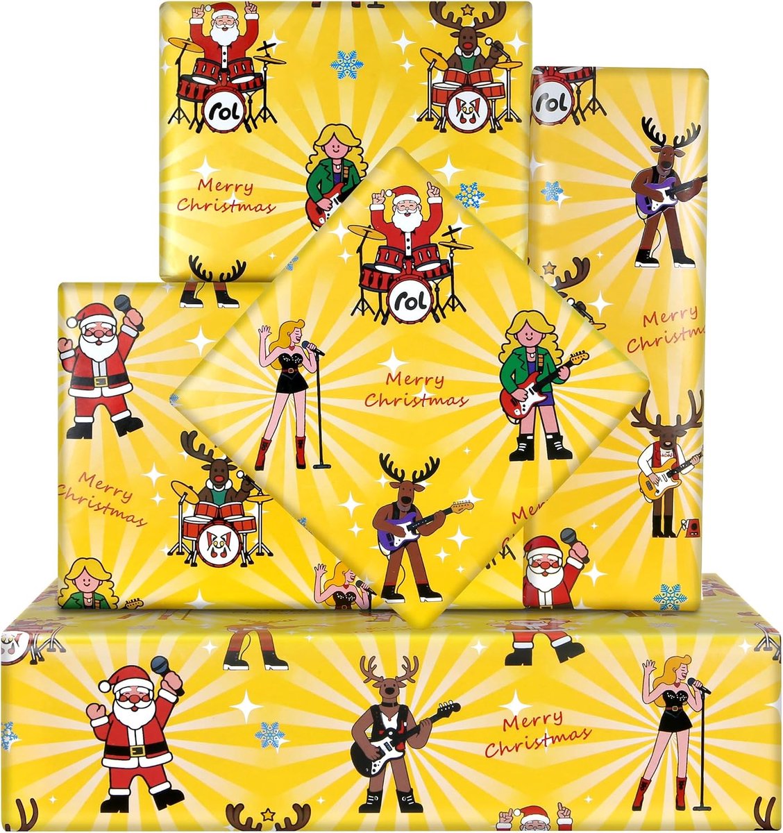 Geel kerstinpakpapier, 4 vellen kerstman eland zanger rockmuziekband geschenkpapier muziekthema cadeaupapier voor - ShopVlot