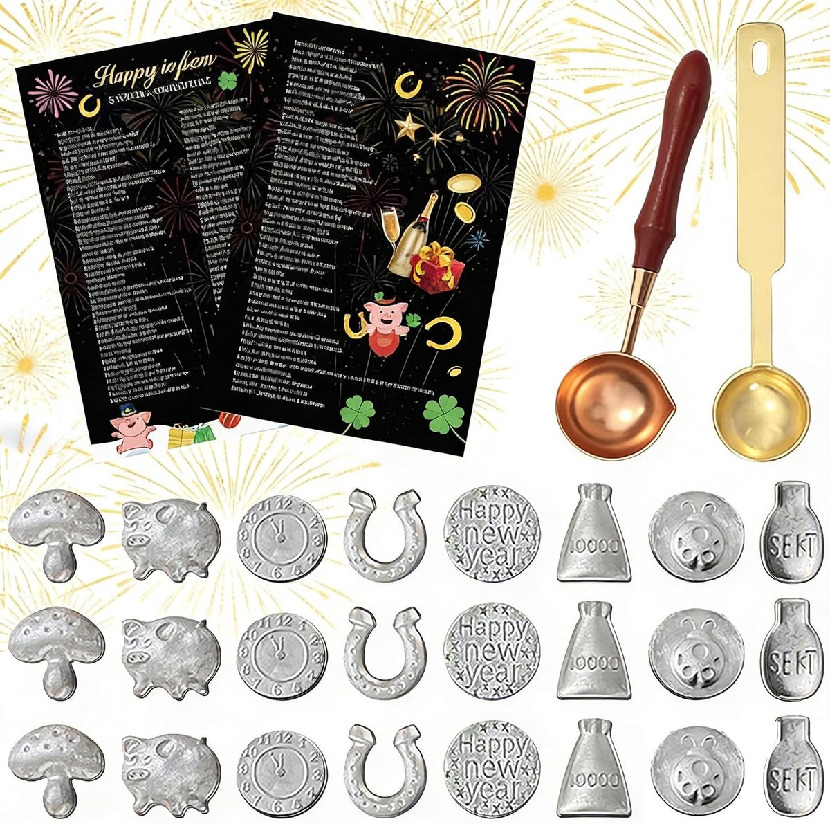 Tin casting, pewter, New Year's Eve with 16 pewter figures and 2 spoons, instruction manual (English language not - ShopVlot
