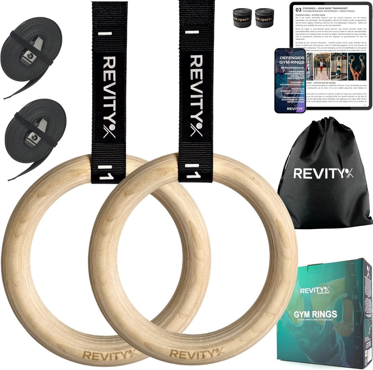 Gym Rings Wood 32mm - Calisthenics Gymnastics for Crossfit - Home Gym, Straps 450 x 3.8 cm with Markers, Maximum Load - ShopVlot