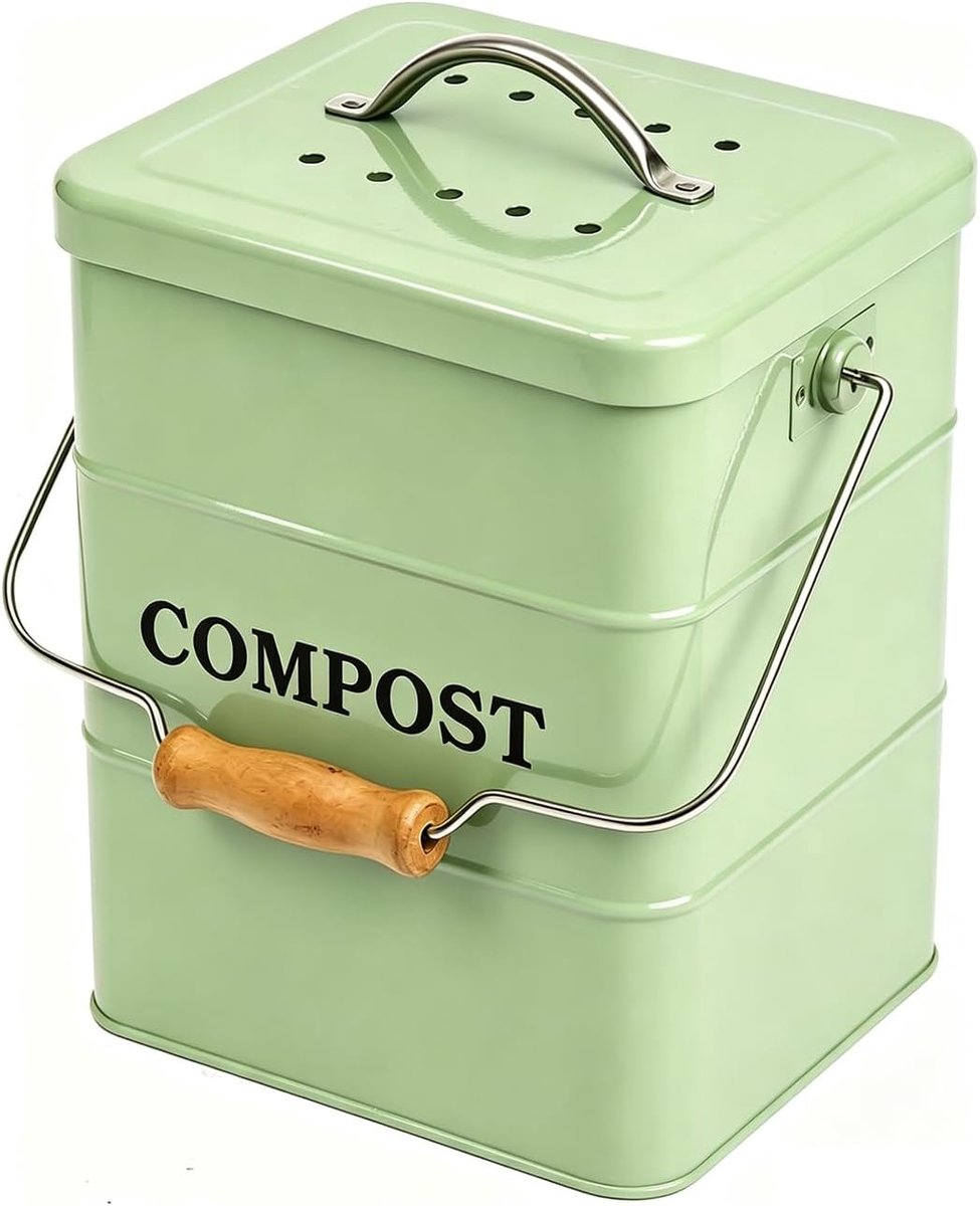 Compostemmer keuken, 6 l, van metaal, met deksel en actieve koolfilter, compacte biologische afvalemmer klein als - ShopVlot
