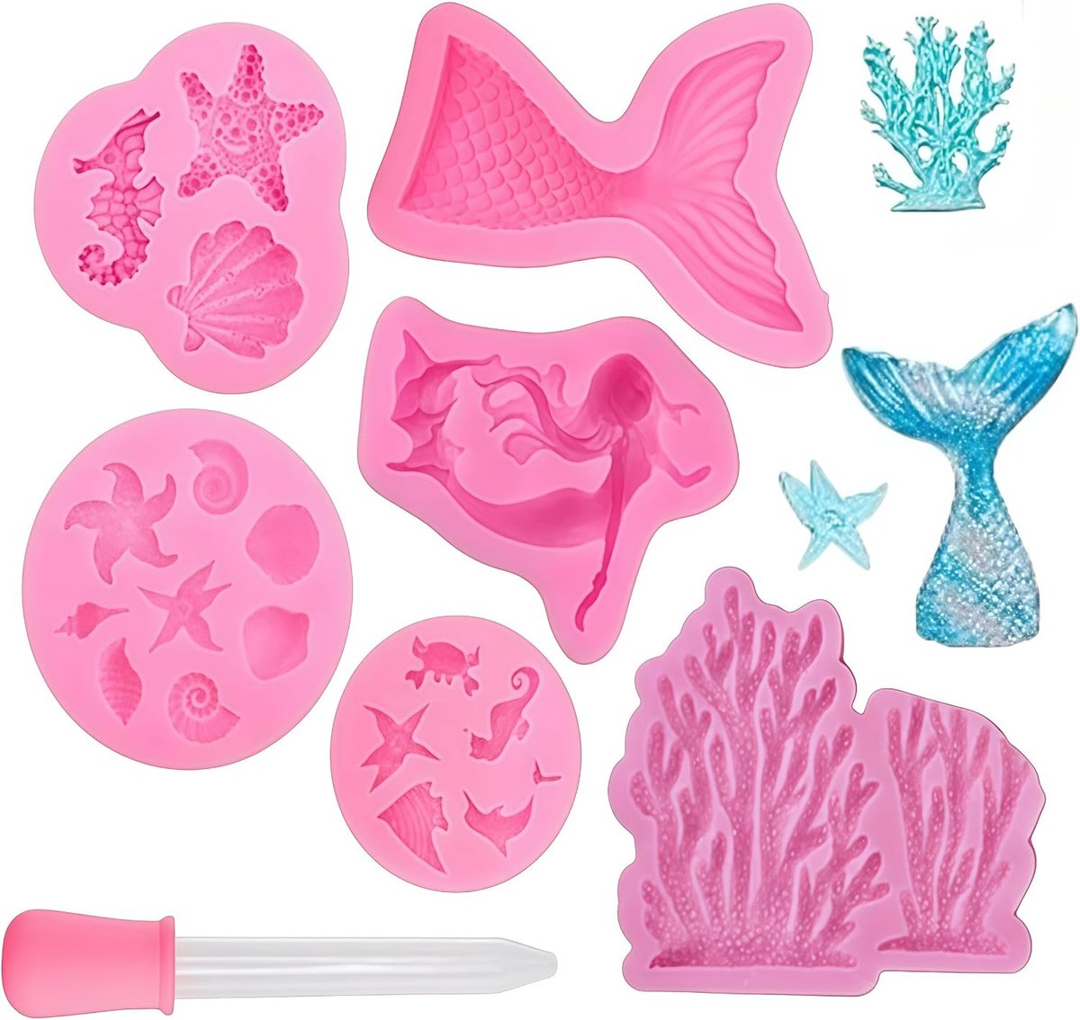 6pcs silicone molds for seafood, silicone molds, mermaid shapes, starfish, seahorses, cupcakes, DIY decoration - ShopVlot