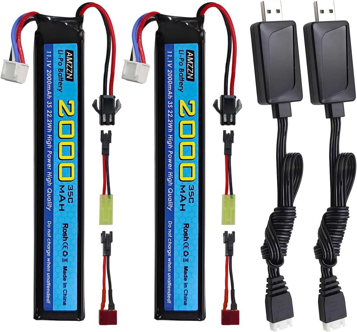 2pcs 11.1V 35C 2000mAh SM-2P T Plug Odamiya Lithium Battery Plug with USB Charging Cable for Toy Guns Model Air Guns - ShopVlot