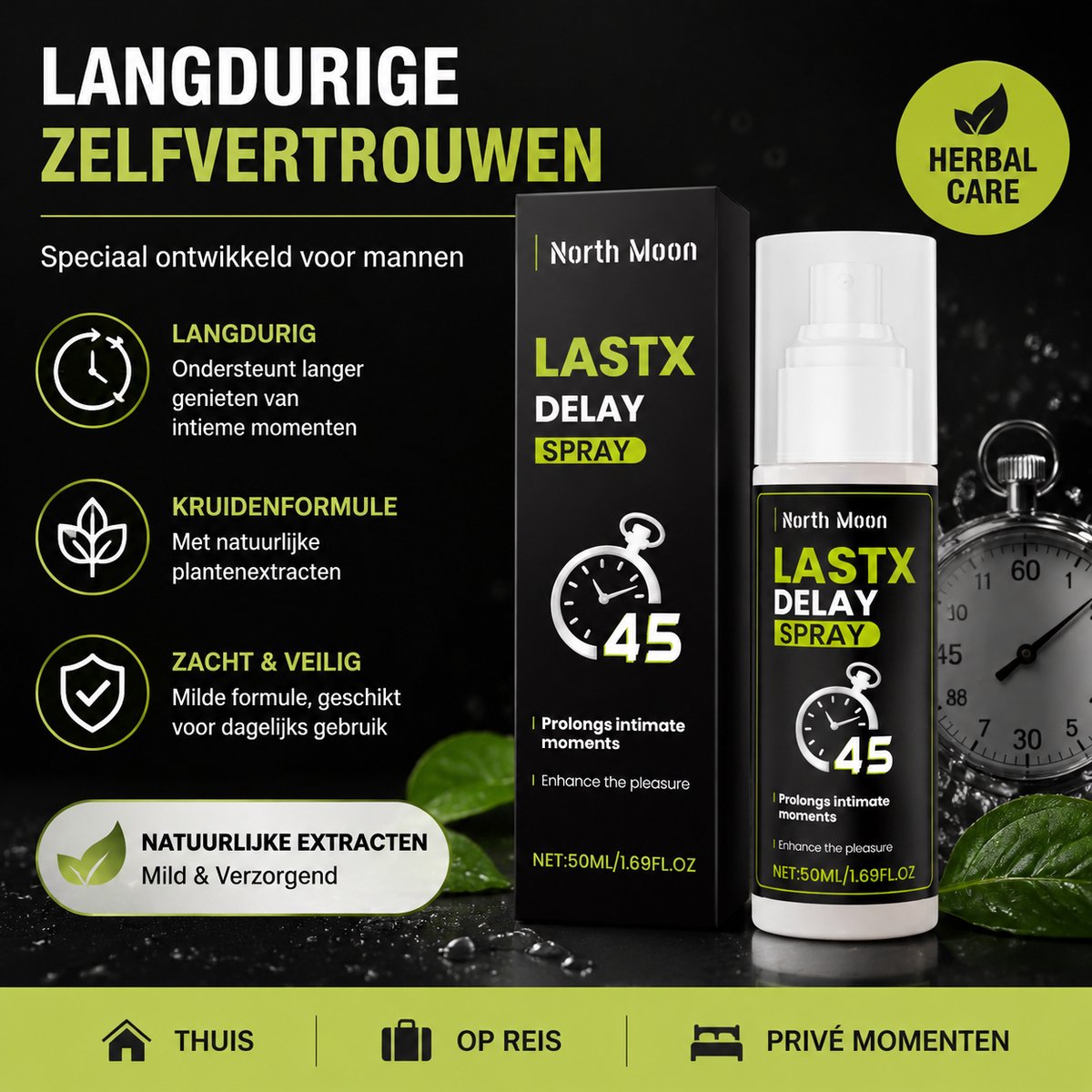 North Moon LASTX Delay Spray 50ml – Kruiden Intieme Verzorging voor Mannen – Comfortabele Spray voor Persoonlijke Verzorging – Handige Formule voor Volwassenen