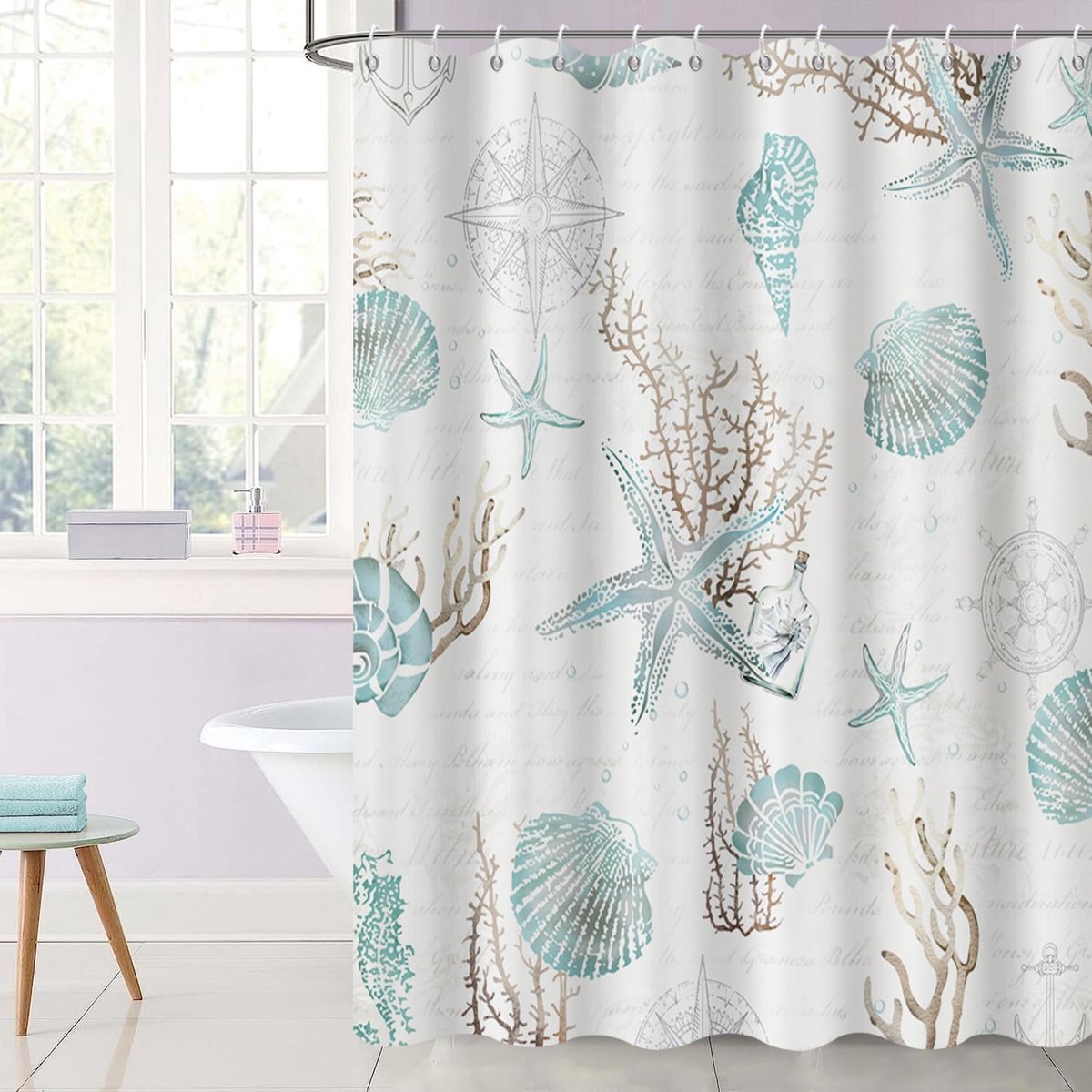 Shower Curtain 180x200cm Nautical Coast Beach Theme Beige Starfish Shell Waterproof Fabric Bathroom Curtain Machine - ShopVlot
