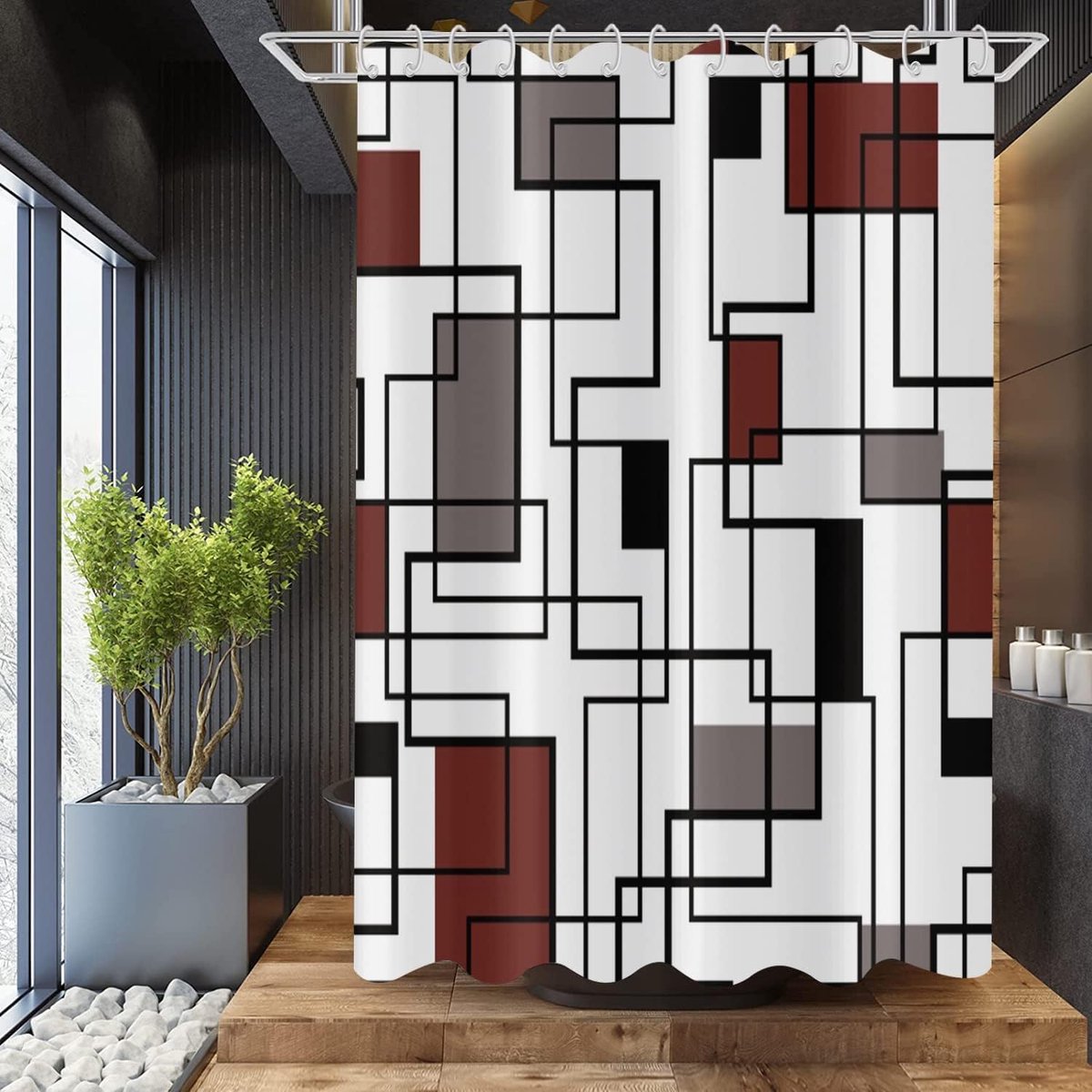 Douchegordijn, 180 x 200 cm, bordeauxrood, zwart, wit, grijs, moderne minimalistische lijn, geometrisch, vierkant - ShopVlot