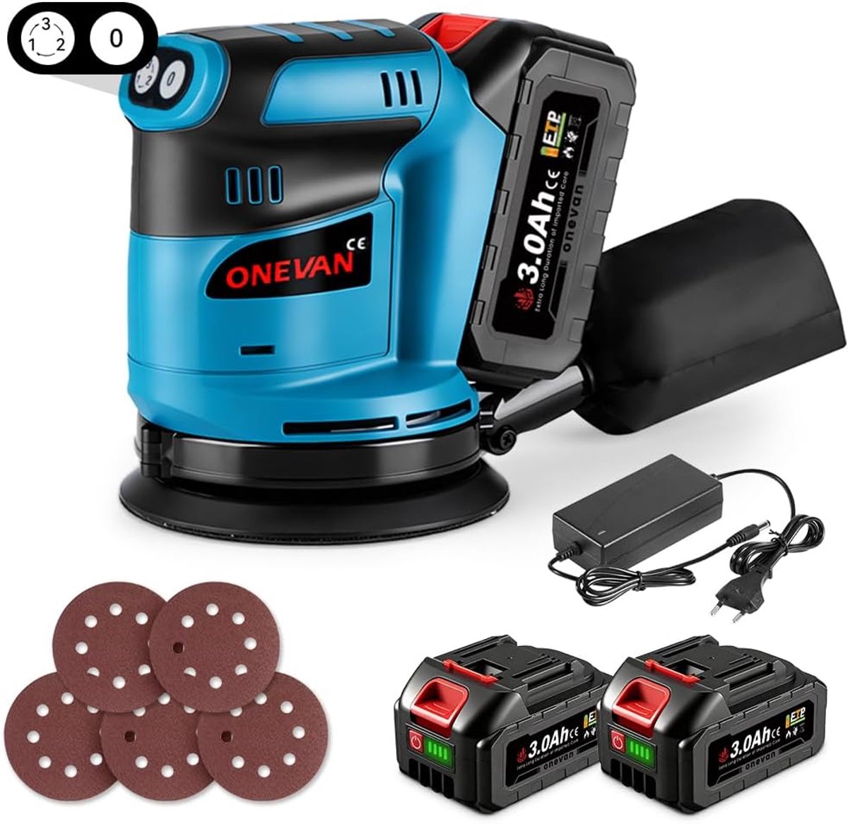 ONEVAN Cordless Sander 125 mm Cordless Orbital Sander 12,000 rpm with Dust Bag and 5 Sandpaper, Electric Sander, Wood - ShopVlot