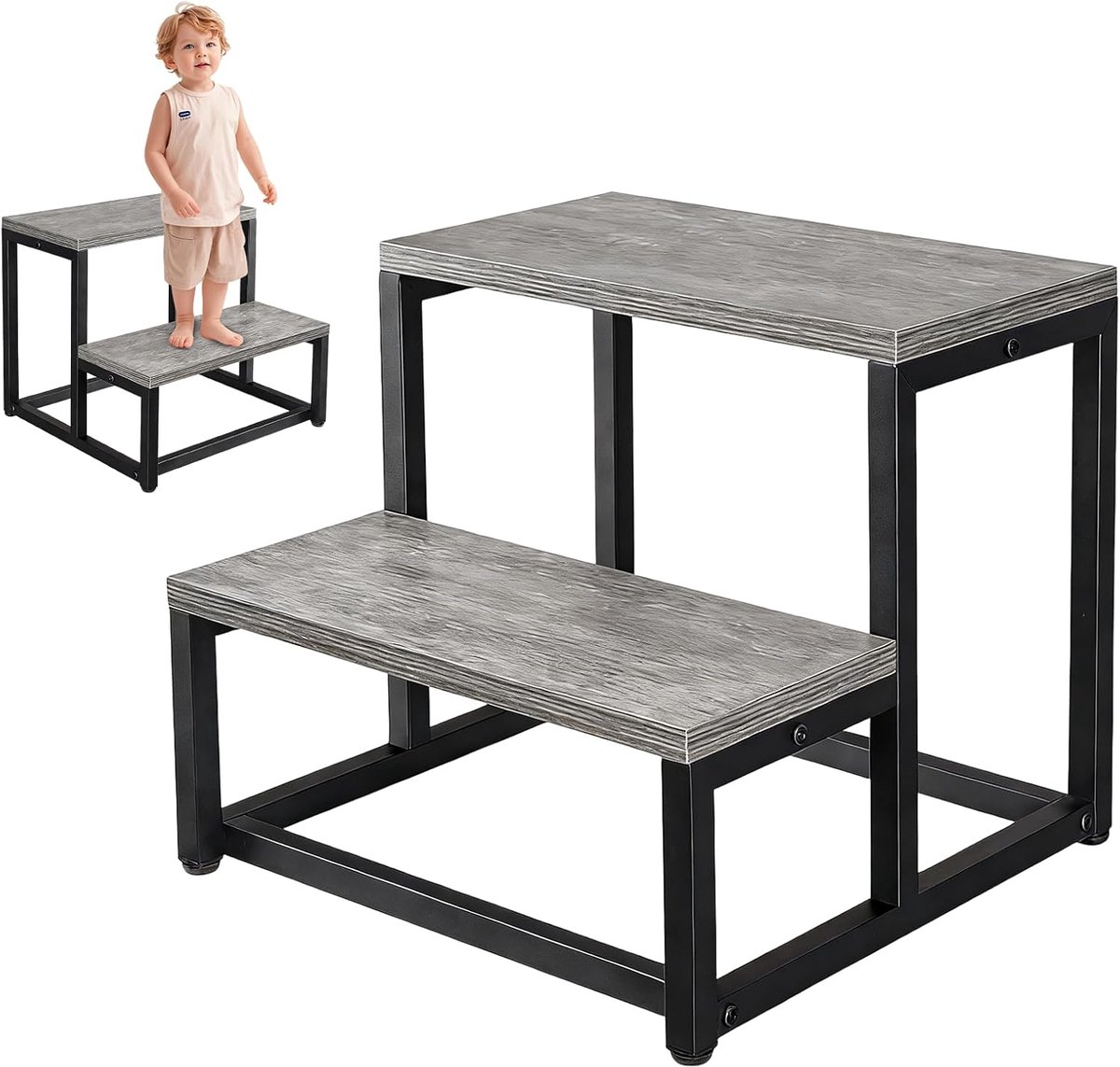 Wooden Step Stools for Adults Kids Heavy Duty 2 Step Bedside Foot Stool with Iron Frame Bathroom Stools for High Bed - ShopVlot