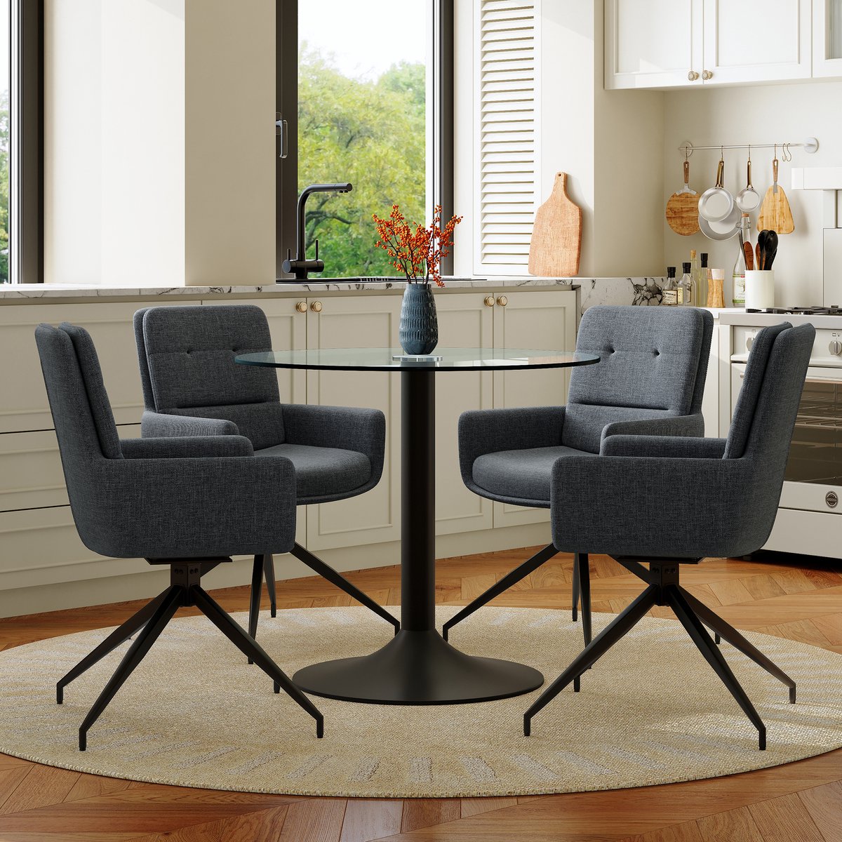 COVREO Eettafelset 85 cm, transparant, zwart metaal, 4 draaistoelen
