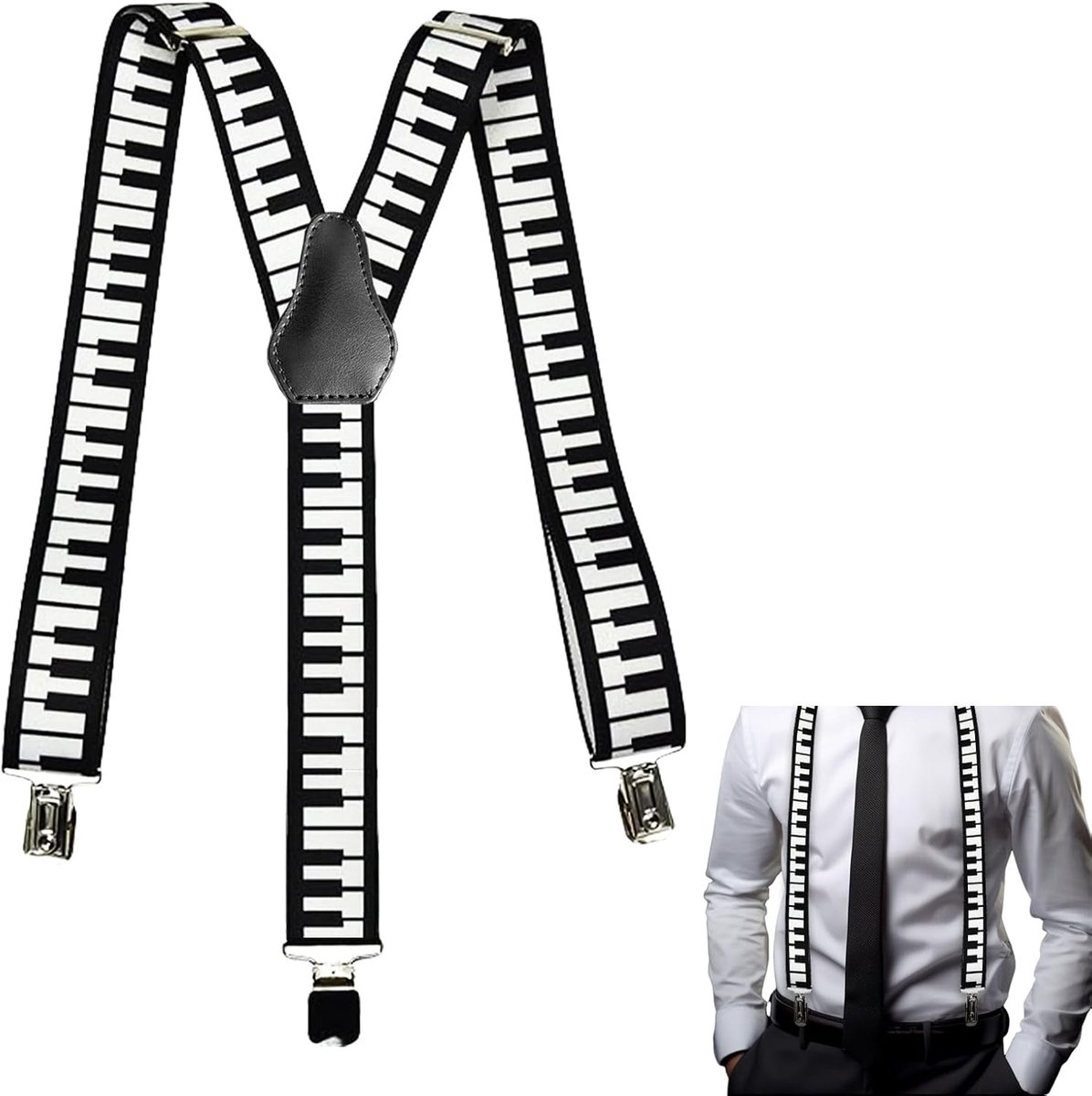 Long Suspenders, Y-Braces Unisex, 3 Clips, Elastic Adjustable Suspenders, with Music Piano Patterns, for Carnival - ShopVlot