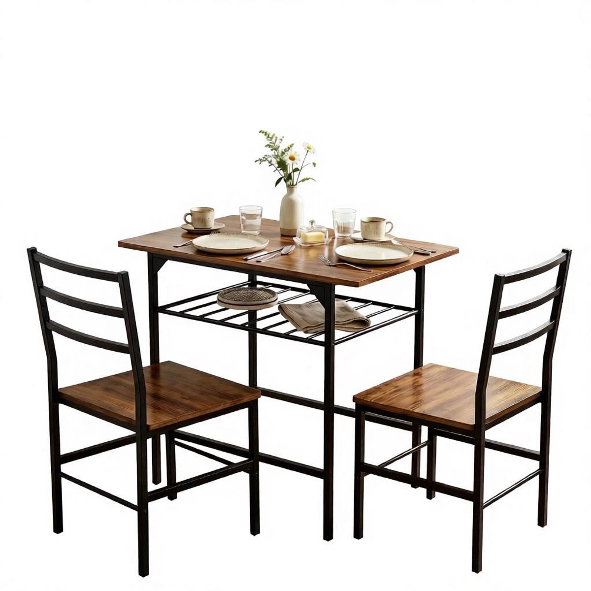 DESMIU Set Tafel En Stoelen - Ruimtebesparend Met Opbergplank - Industrieel Voor Keuken En Woonkamer - Hout En Metaal - 80x50x78,8 Cm - Rustiek Bruin En Zwart