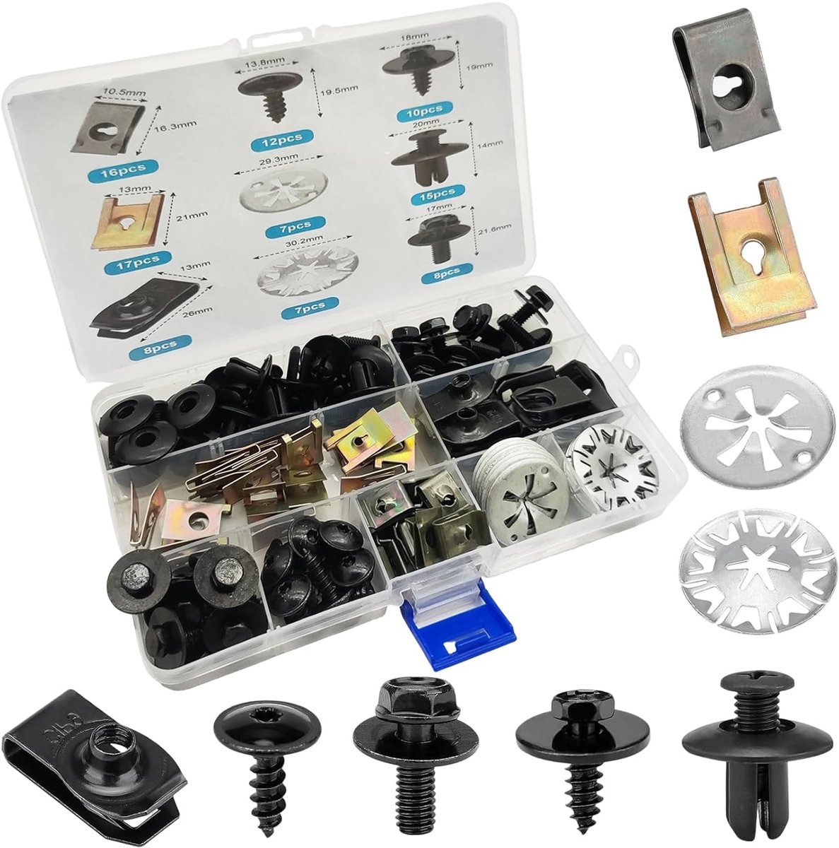 Carrosserieschroeven, clipset, 100 stuks, plaatmoeren, klemkit, bevestigingsclips auto met klemschijven - ShopVlot
