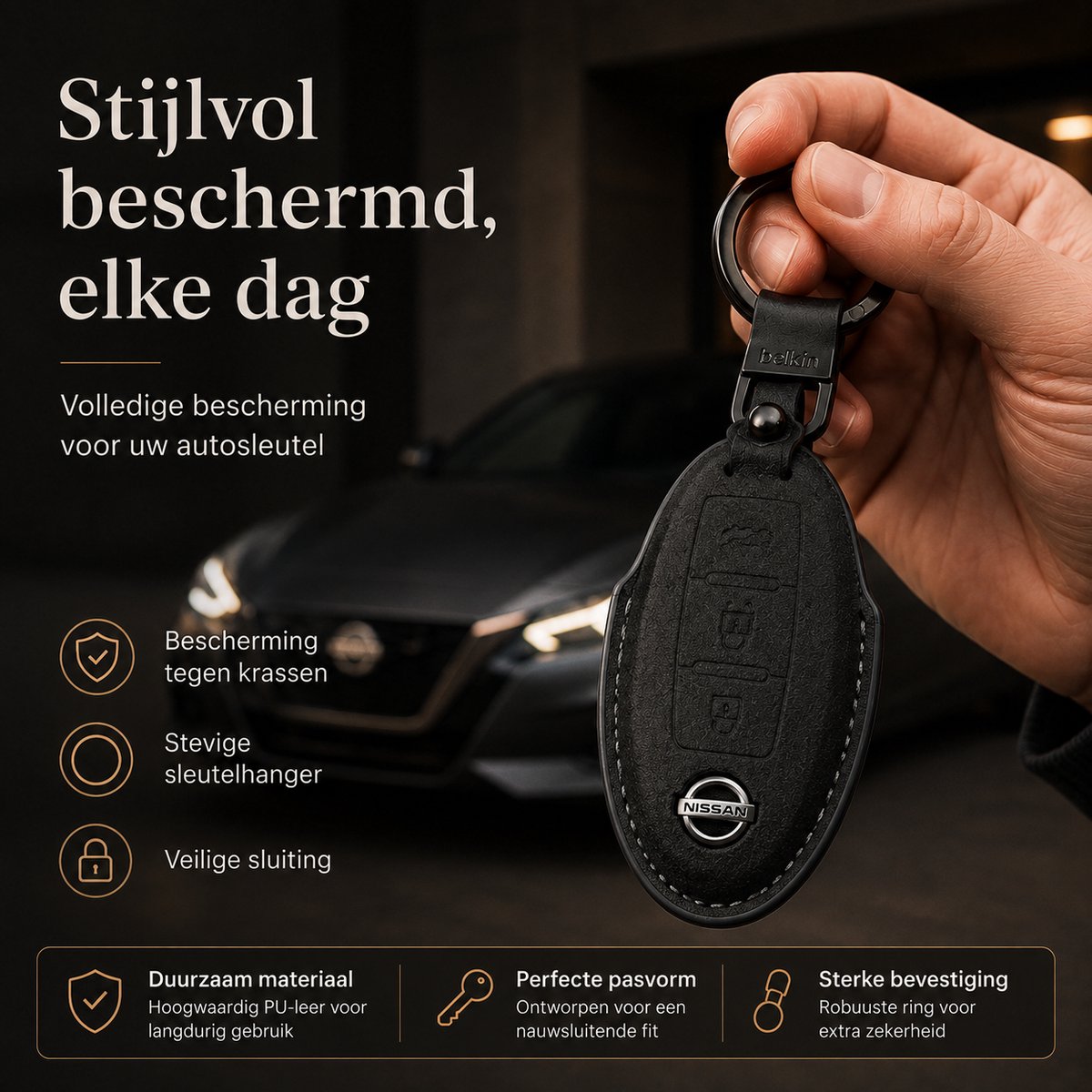 Zirkle Nissan Motor Corporation Autosleutel Hoesje Type A Zwart – Luxe Leren Sleutelhoes – Beschermhoes voor Nissan Qashqai X-Trail Altima Teana – 3D Foldable Key Case – Krasbestendige Sleutel Cover – Premium Luxe Auto Accessoire