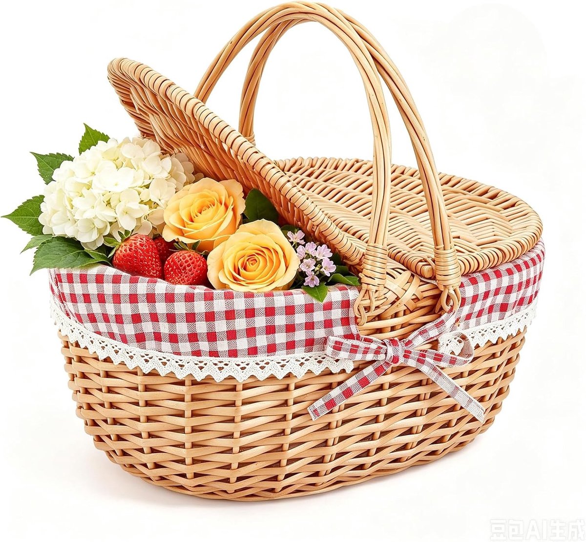 Picknickmand voor 4 Personen met Waterdichte Picknickdeken en Bestek, Ideaal voor Kamperen en Buitenactiviteiten, Roze (Rood)