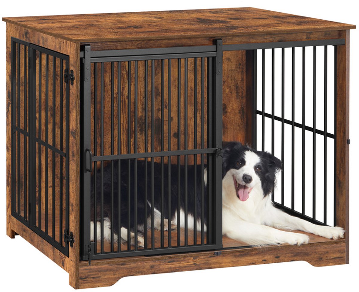 Hzuaneri 110cm Hondenkooimeubel, hondenbox, 2 deuren, moderne hondenkooi voor binnen voor kleine/middelgrote/grote honden, bijzettafel, versterkte schuifdeur, 110 × 65 × 81 cm, Vintage Bruin