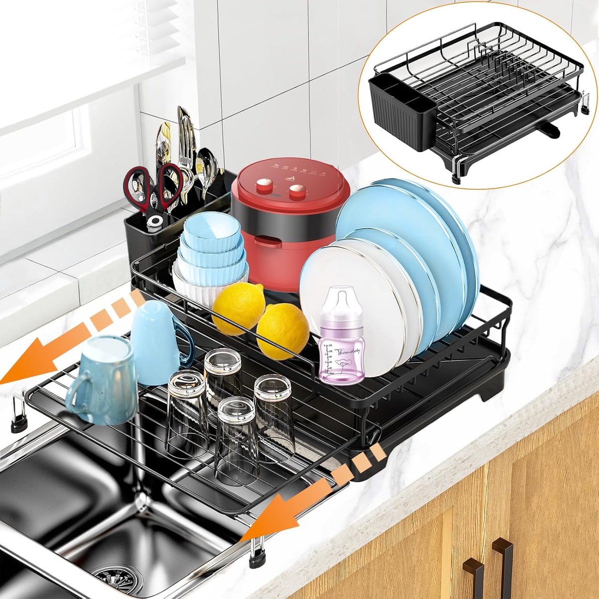 Expandable Dish Rack with Swivel Dish Drainer and Drainer, 2-in-1 Dish Rack with Pan Slots and Cutlery Holder, Rust - ShopVlot