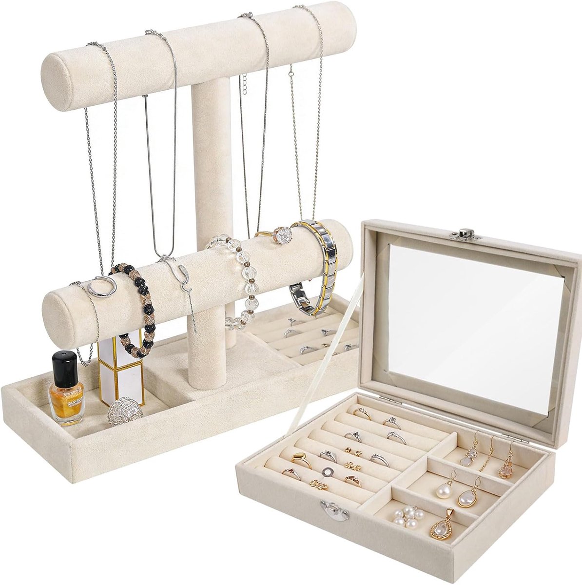 Detachable T--Steg Jewellery Stand, Beige Jewellery Stand, Bracelets, Jewellery Box with Glass Lid, Multifunctional - ShopVlot
