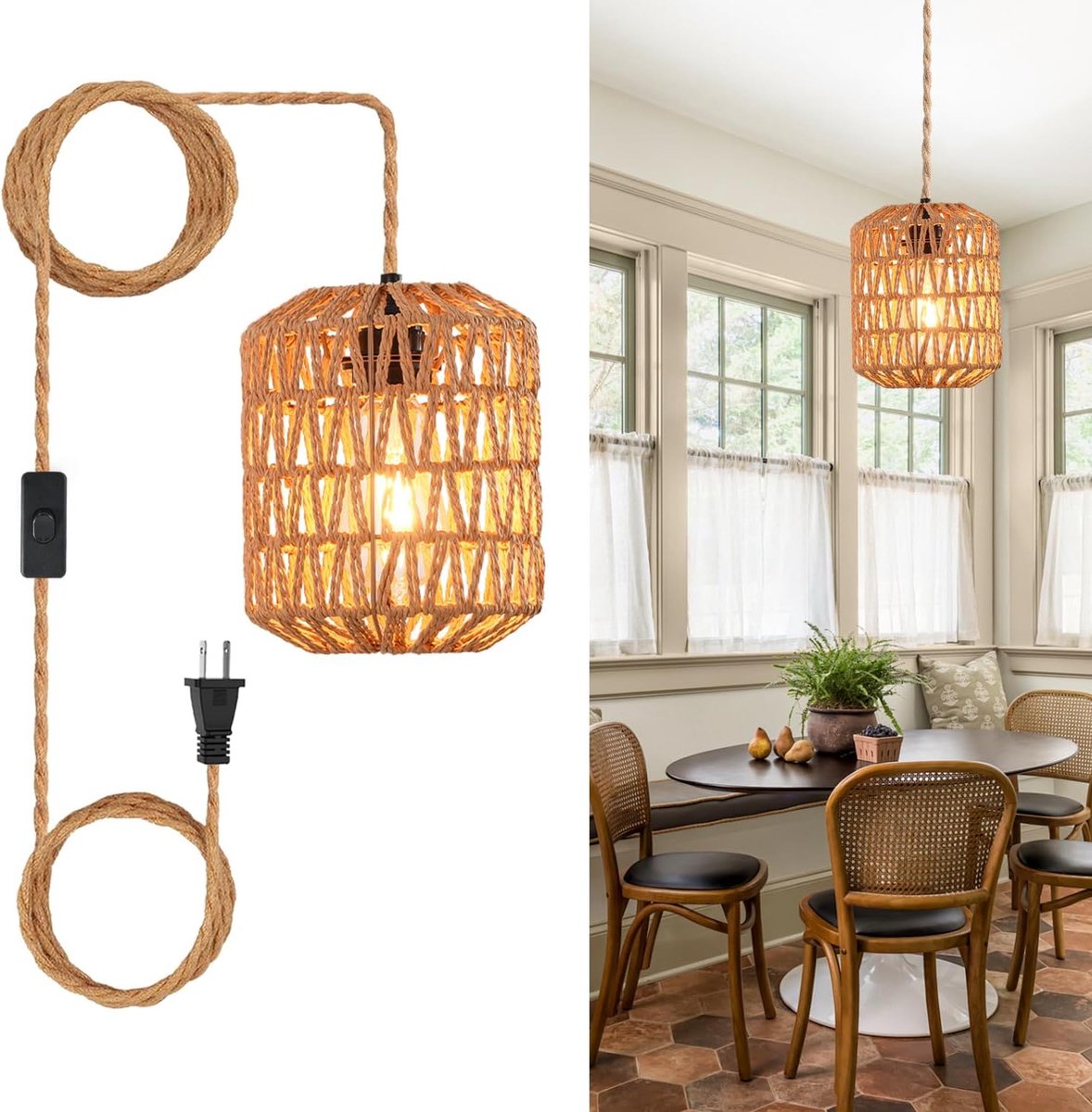 KZQ Vintage houten wandlamp met gevlochten rotan kap - E27 retro wandverlichting met schakelaar en stekker - Landelijk en rustiek voor slaapkamer en woonkamer - (Zonder lampen)