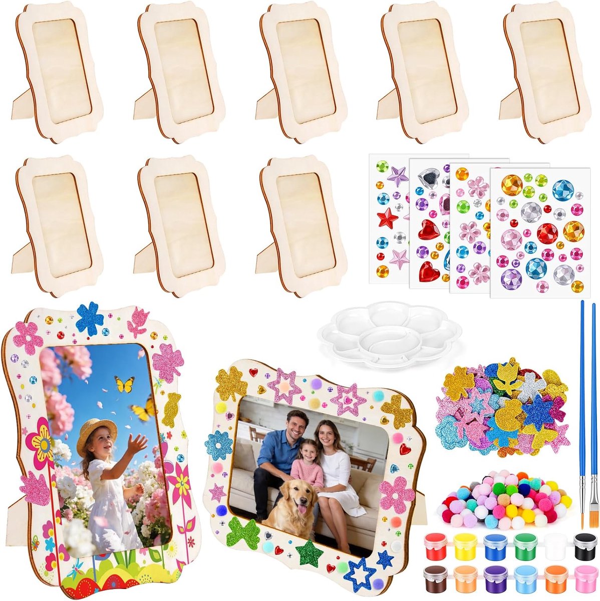 Meetory Fotolijsten van hout, set van 8 stuks, 14 x 19 cm, knutselsets met glittersteentjes, zelfklevend, 3D-stickers - ShopVlot