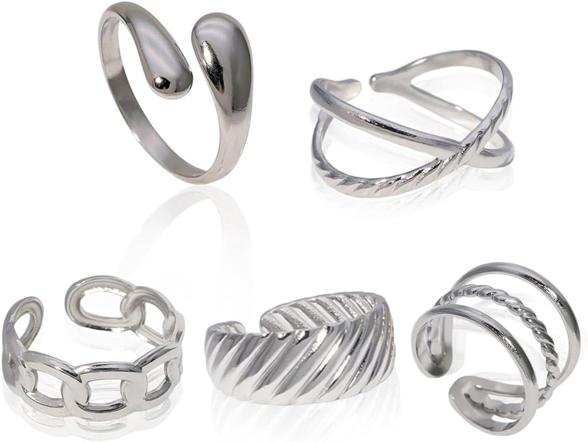 5 Pcs Silver Rings for Women Stainless Steel Ankle Rings Stackable Open Thumb Rings Set, One Size, Metal - ShopVlot