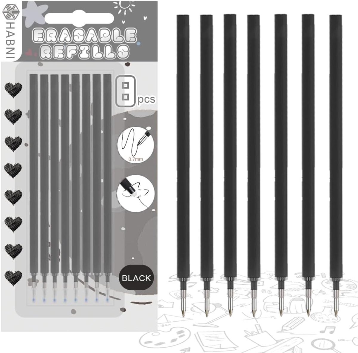 Pack of 8 Erasable Refills, Compatible with Binding, Black Refill Pen Set, Blister with Cardboard, Pen Tip 0.7 mm - ShopVlot