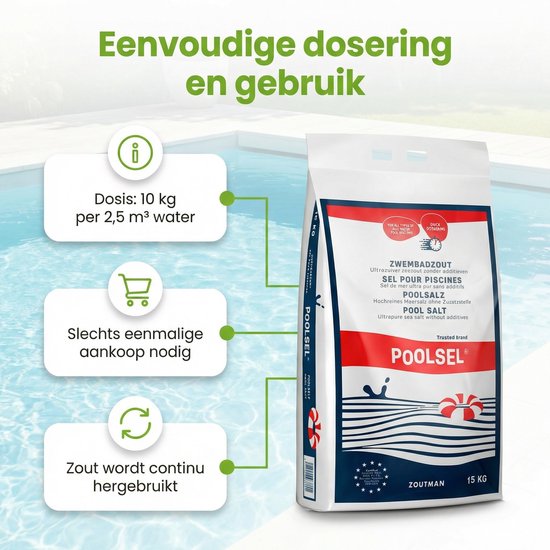 Eenvoudige dosering en gebruik: 10 kg per 2,5 m³ water. Slechts eenmalige aankoop nodig. Zout wordt continu hergebruikt.