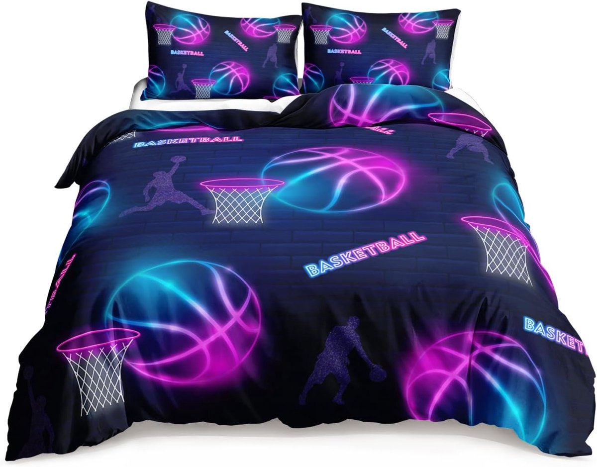 HOSIMA Beddengoedset voor jongens en meisjes, neon basketbalprint, dekbedovertrek met 2 kussenslopen (Neon Basketball - ShopVlot
