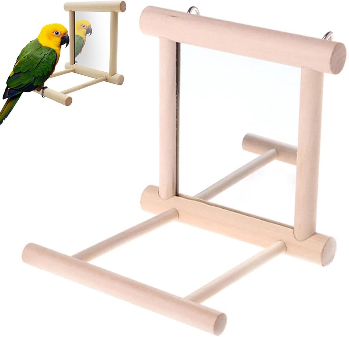 Bird Mirror, Bird Parrot Toy, Bird Swing Hanging Toys, Parrot Hanging Swing with Mirror, Bird Mirror with Wooden Frame - ShopVlot