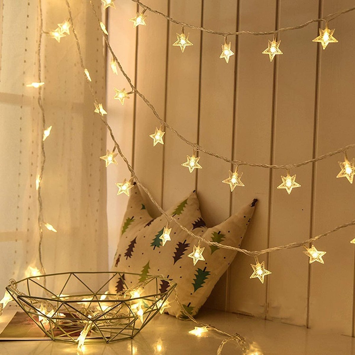 LED Light Chain, 10m, 100 LEDs, Stars, Battery Powered, Warm White, Indoor Lighting, Decoration for Garden, Home - ShopVlot
