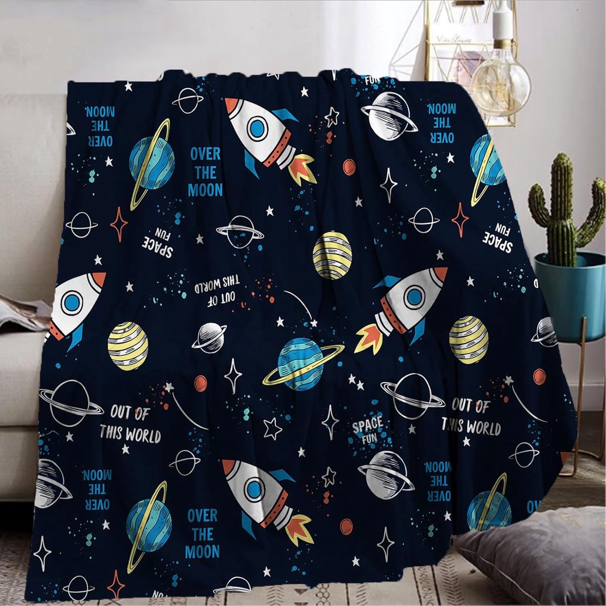 Rocket Blanket 150 x 200 cm Space Rocket Blanket Cartoon Rocket Cuddly Blanket Starry Sky Planet Blanket Soft Flannel - ShopVlot