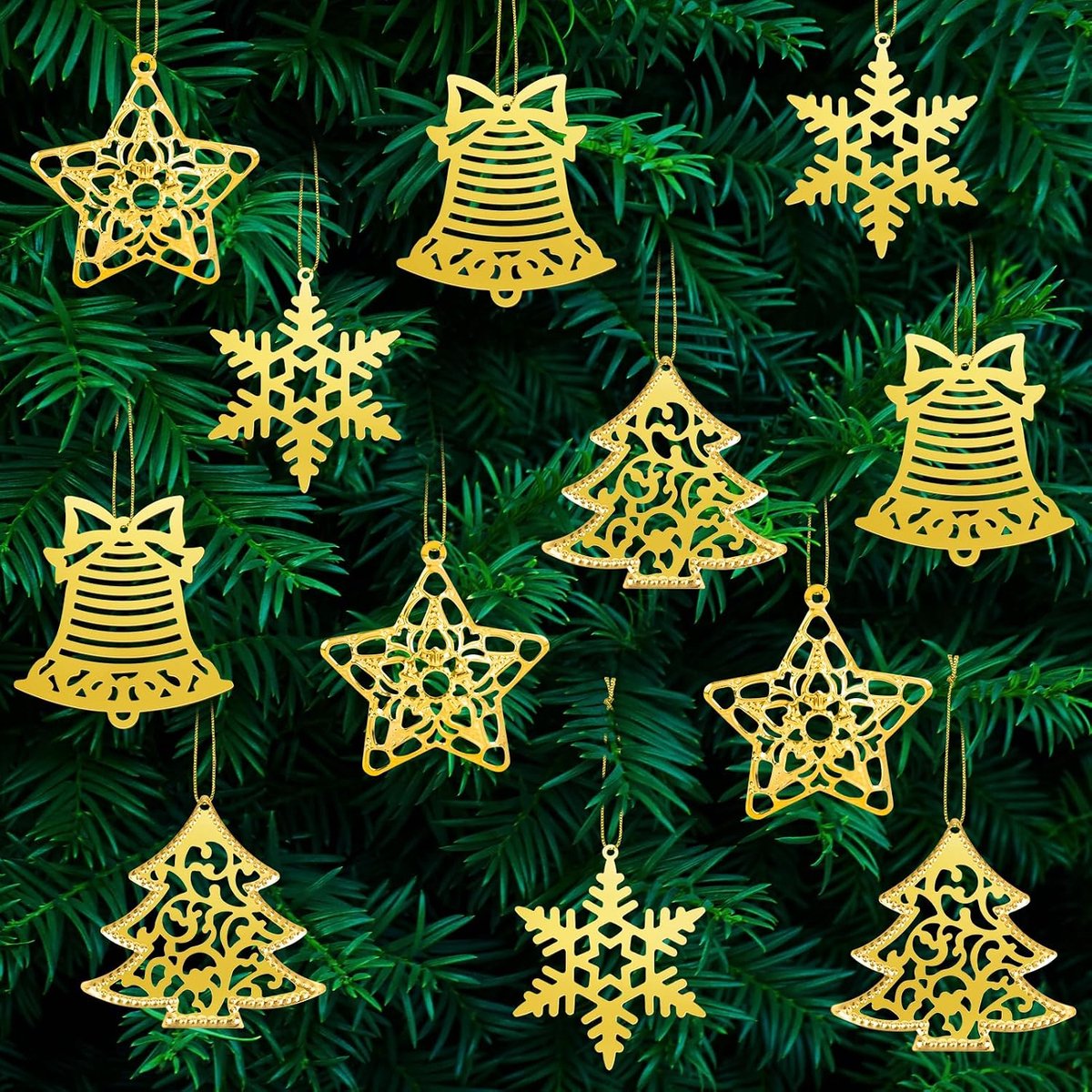 Kiiwah 40 Pieces Christmas Tree Decorations Metal Gold, Christmas Tree Decorations with Rope Vintage Christmas - ShopVlot