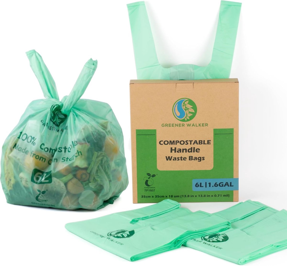 GREENER WALKER 100% Compostable 6L Tie Handles Waste Bags for Food Waste, 150 Bags Biodegradable Kitchen Garbage Bag - ShopVlot