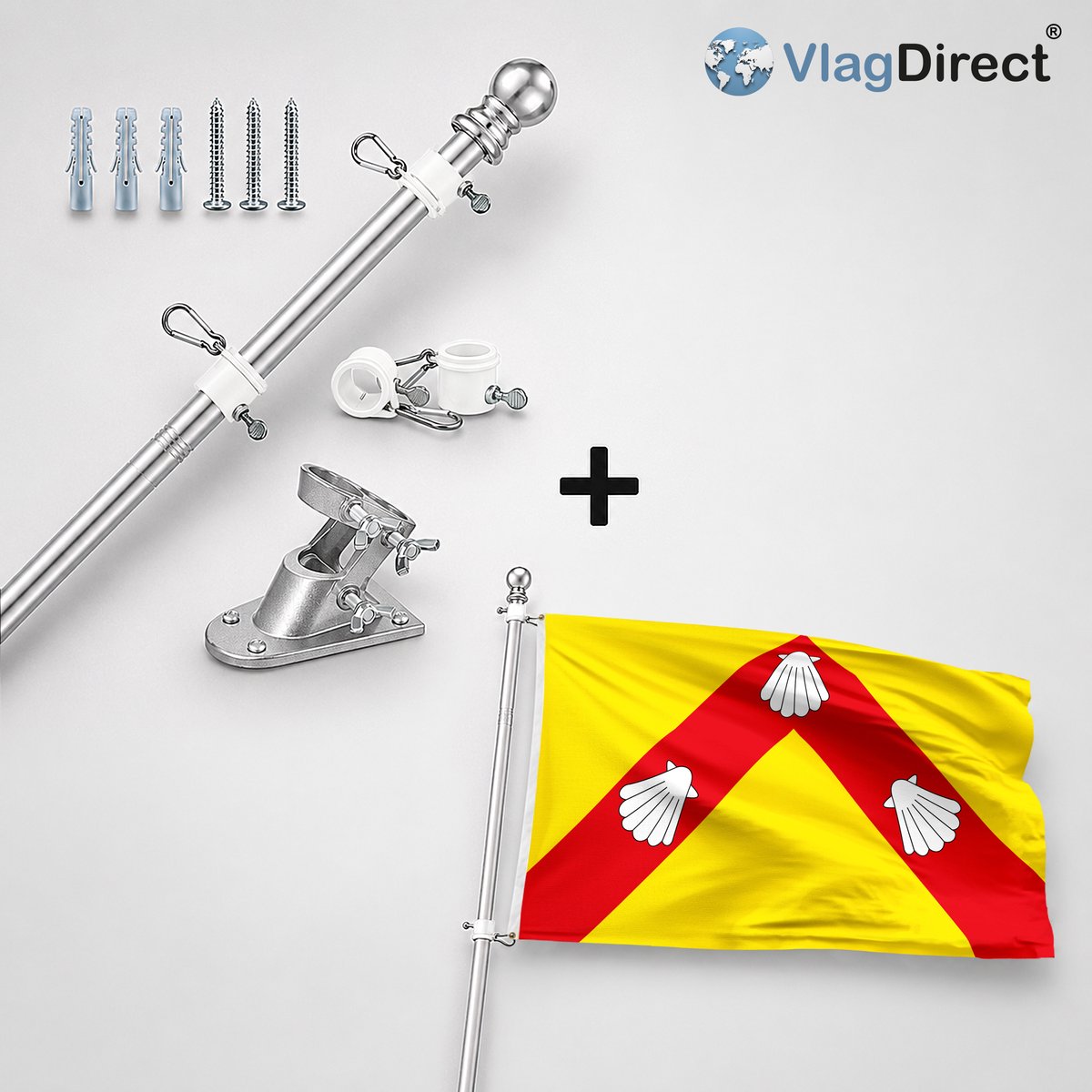 VlagDirect - Compleet vlaggenpakket - Zilveren vlaggenstok inclusief vlaggenstokhouder + Zedelgemse vlag - Gemeente Zedelgem vlag - 90 x 150 cm.