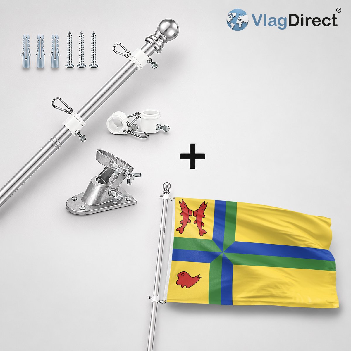 VlagDirect - Compleet vlaggenpakket - Zilveren vlaggenstok inclusief vlaggenstokhouder + Werkendam vlag - Gemeente Werkendam vlag - 90 x 150 cm.