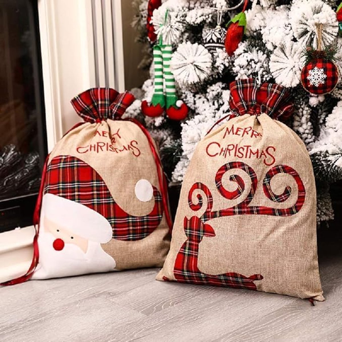Walwoak 2 x grote kerstzakken van linnen met trekkoord, herbruikbaar, 56 x 39 cm (rood, 56 x 39 cm) - ShopVlot