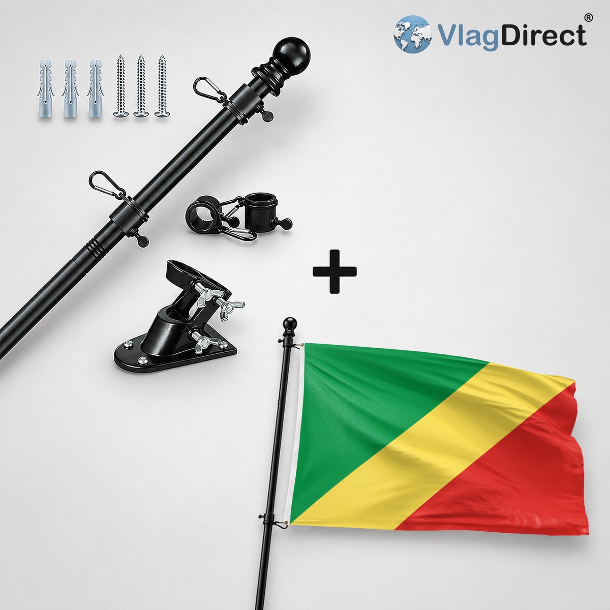 VlagDirect - Compleet vlaggenpakket - Zwarte vlaggenstok inclusief vlaggenstokhouder + Congolese vlag - Congo-Brazzaville vlag - Republiek Congo vlag - 90 x 150cm.