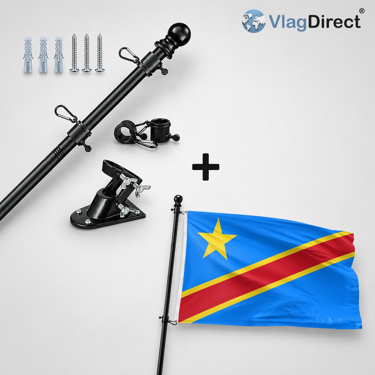 VlagDirect - Compleet vlaggenpakket - Zwarte vlaggenstok inclusief vlaggenstokhouder + Congolese vlag - Congo Kinshasa vlag - 90 x 150 cm.