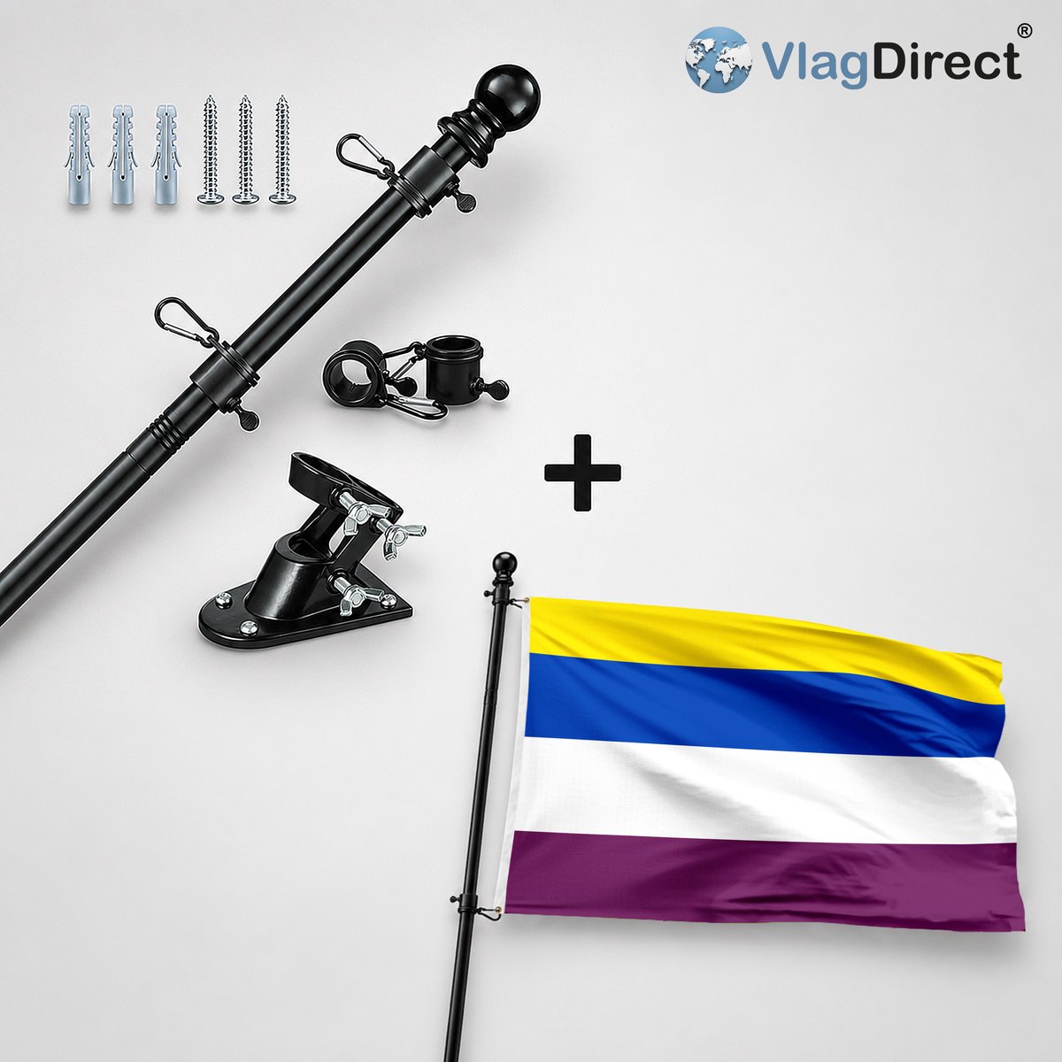 VlagDirect - Compleet vlaggenpakket - Zwarte vlaggenstok inclusief vlaggenstokhouder + Gemeente Montigny-le-Tilleul vlag - 90 x 150 cm.
